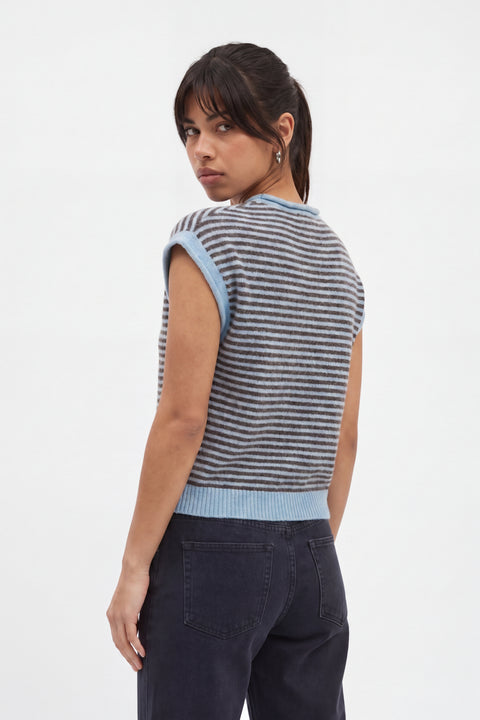 Striped Cashmere-Blend Sleeveless Cardigan - Mauve & Dark Brown
