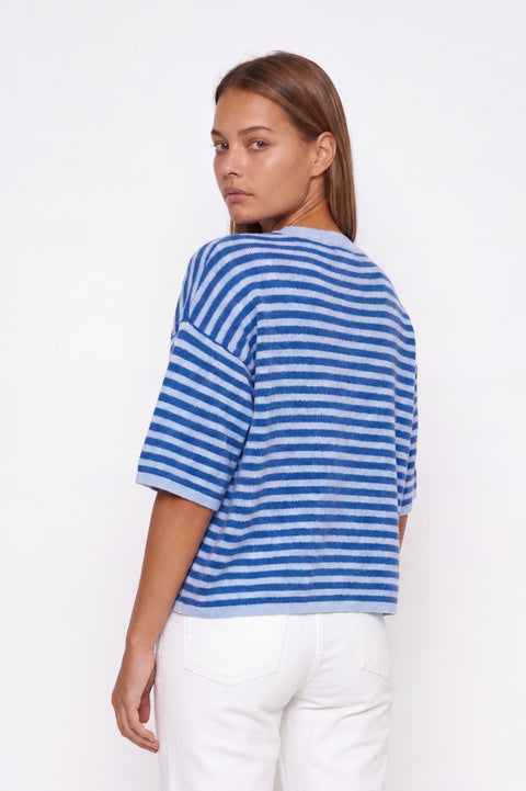 Oversized Blue Striped Short Sleeve Knit Cardigan