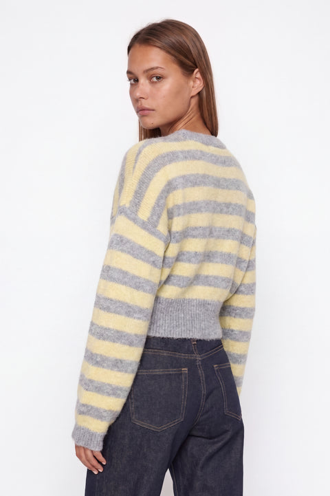 Cropped Grey and Yellow Striped Fuzzy Knit Sweater