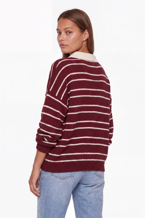 Oversized Burgundy Striped Polo Knit Sweater