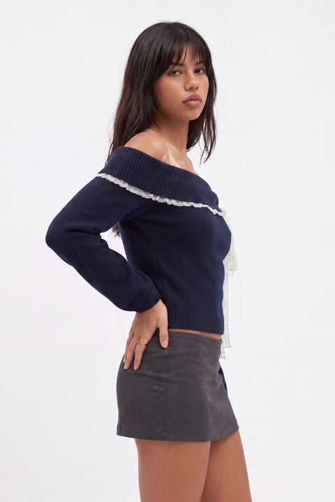 Navy Blue Off-the-Shoulder Knit Sweater