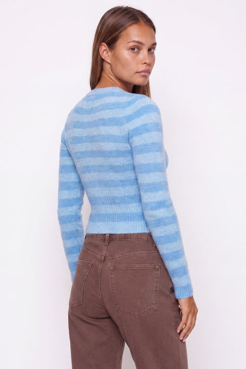 Blue Striped Fuzzy Knit Zip Cardigan