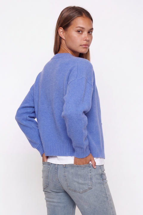 Blue Crew Neck Button-Up Knit Cardigan