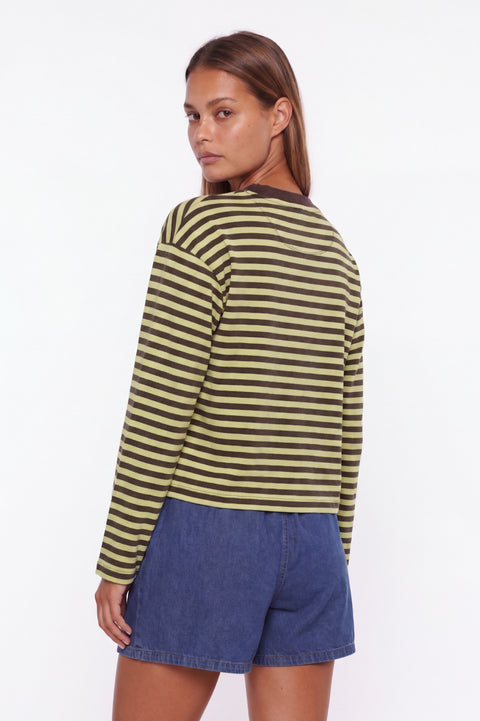 Pink and Brown Striped Long-Sleeve Crewneck Top