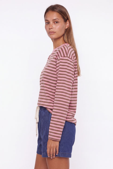 Pink and Brown Striped Long-Sleeve Crewneck Top