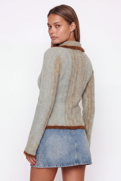 Faux Fur Trim Knit Zip-Up Cardigan