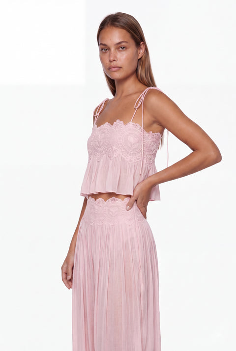 Pink Lace-Trimmed Crop Top and Pleated Harem Pants Set