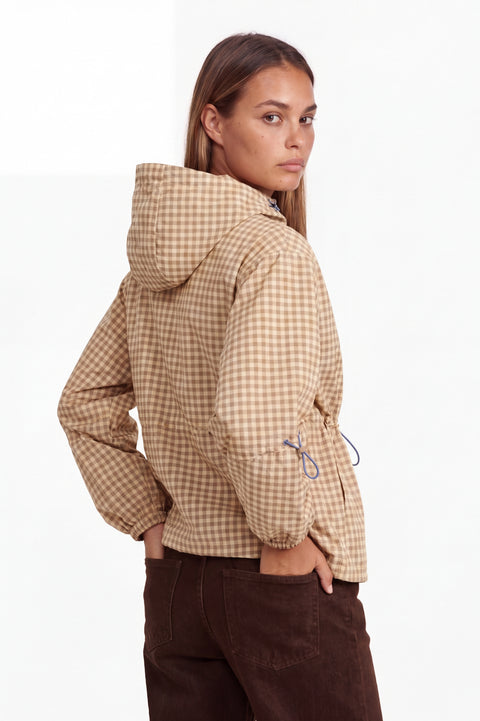 Gingham Check Zip-Up Hooded Utility Jacket