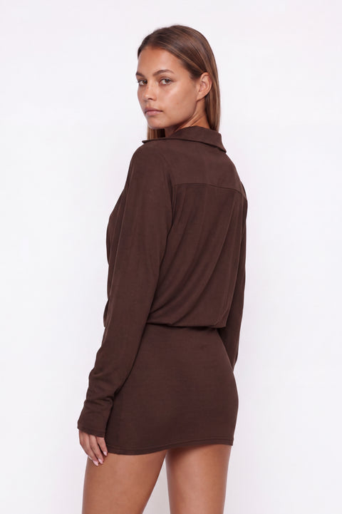 Cowl Neck Long Sleeve Mini Shirt Dress