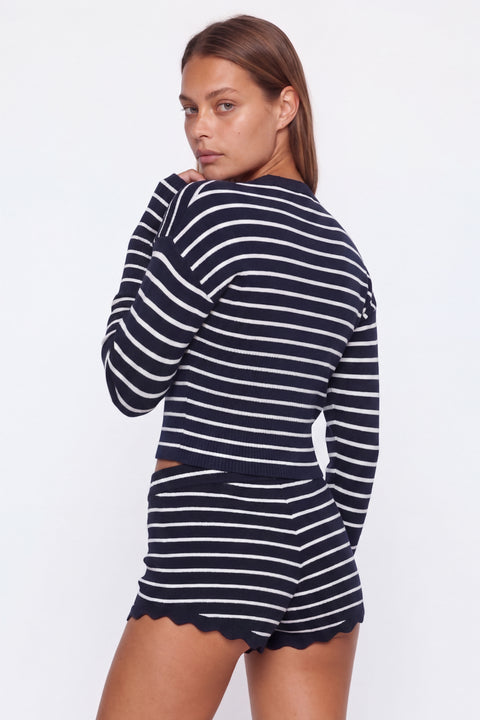 Striped Knit Cardigan and Scalloped Shorts Set