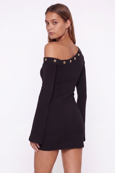 Sleek One-Shoulder Black Bodycon Dress with Bell Sleeves