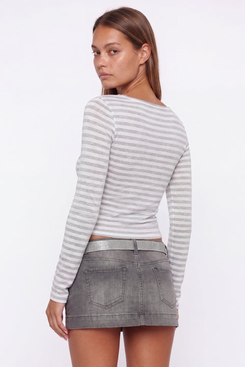 Striped Long Sleeve Keyhole Top with Front Button Detail