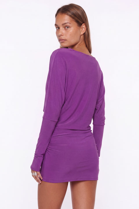 Deep Purple Cowl Neck Ruched Mini Dress