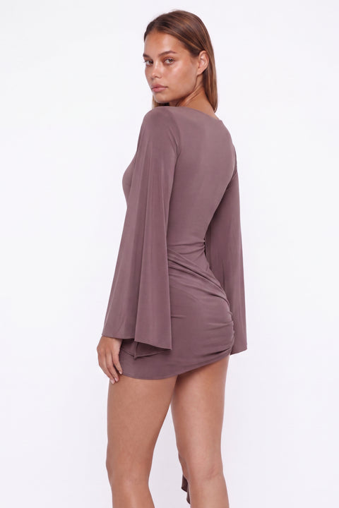 Taupe Draped Tie-Side Bell Sleeve Mini Dress