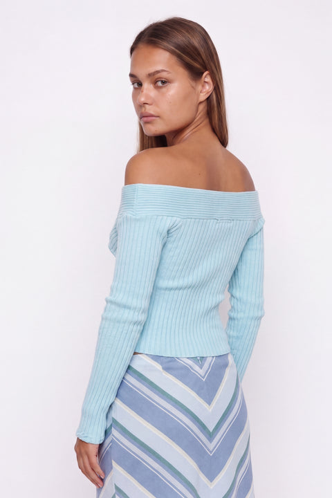 Light Blue Off-The-Shoulder Ribbed Knit Top