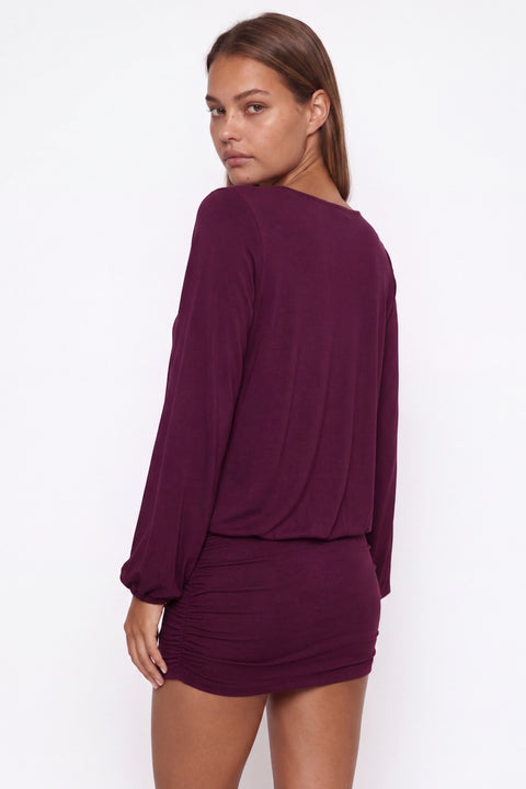 Deep V-Neck Ruched Long Sleeve Mini Dress
