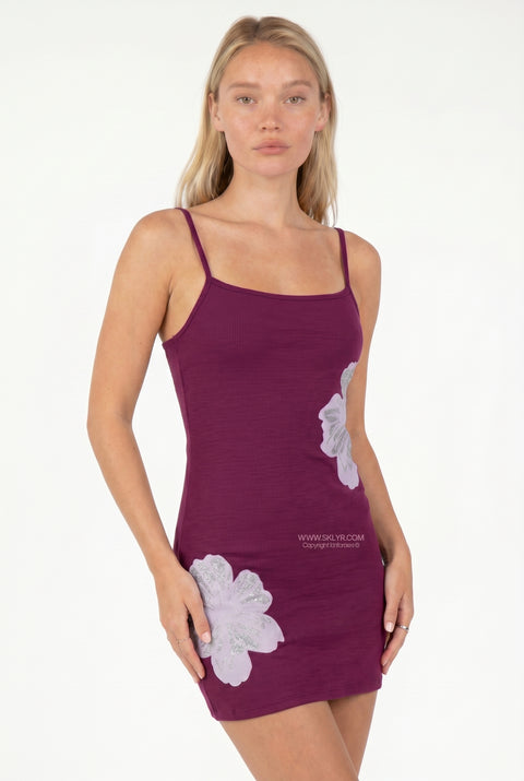 Plum Floral Ribbed Mini Dress