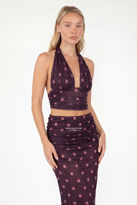 Mesh Polka Dot Halter Crop Top & Skirt Set