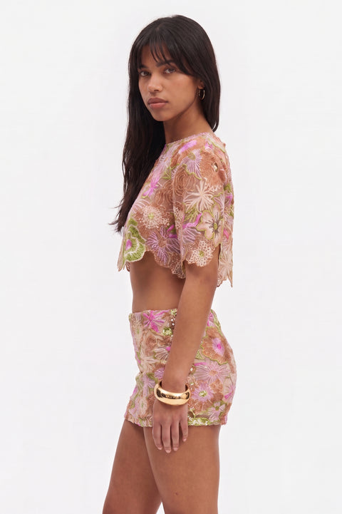 Floral Embroidered Mesh Crop Top and Mini Skirt Set