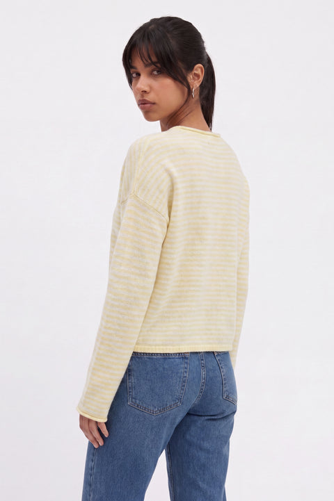 Striped Knit Button-Front Crewneck Cardigan