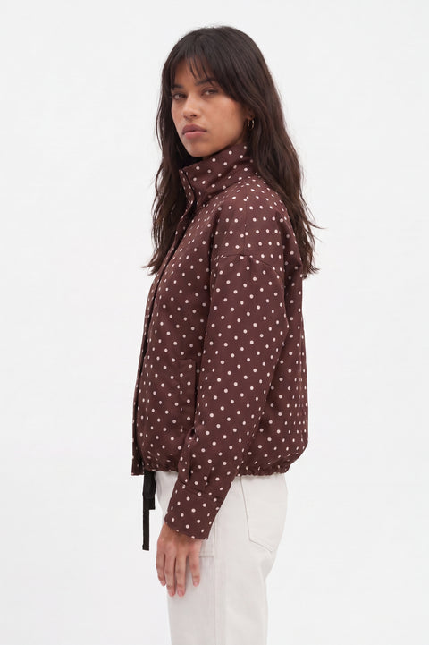 Brown Polka-Dot Stand-Collar Funnel Neck Jacket