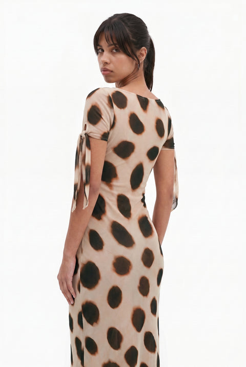 Spotted Mesh Tie-Sleeve Maxi Dress