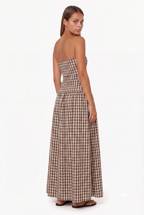 Brown Gingham Strapless Maxi Dress