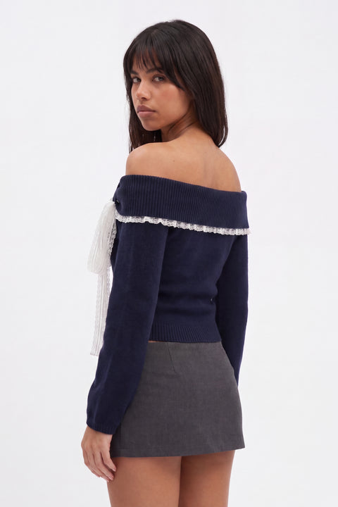 Navy Blue Off-the-Shoulder Knit Sweater