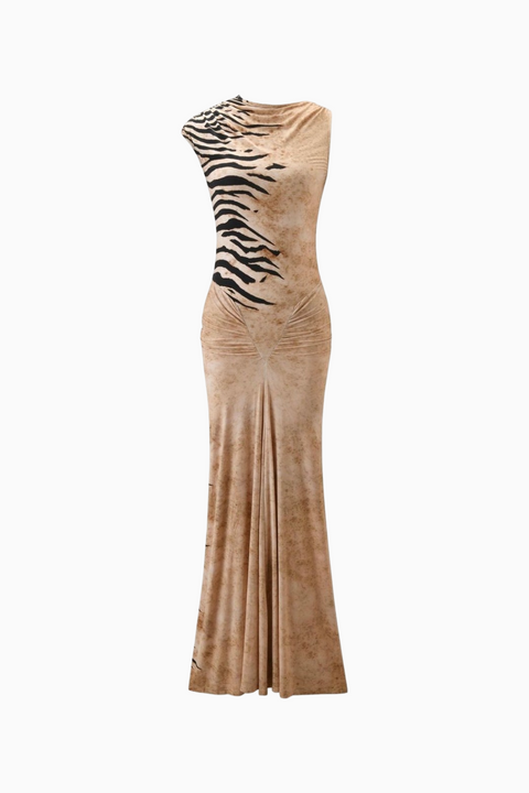 Sleeveless Tiger Print Ruched Maxi Dress