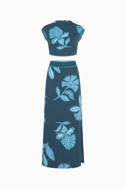 Blue Floral Crop & Skirt Set