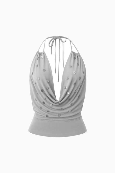 Grey Deep-V Draped Halter Top