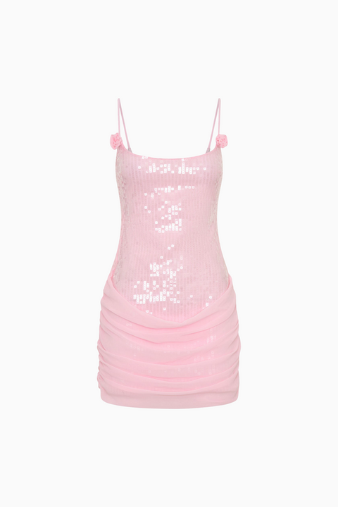 Pink Sequin Ruched Mini Dress